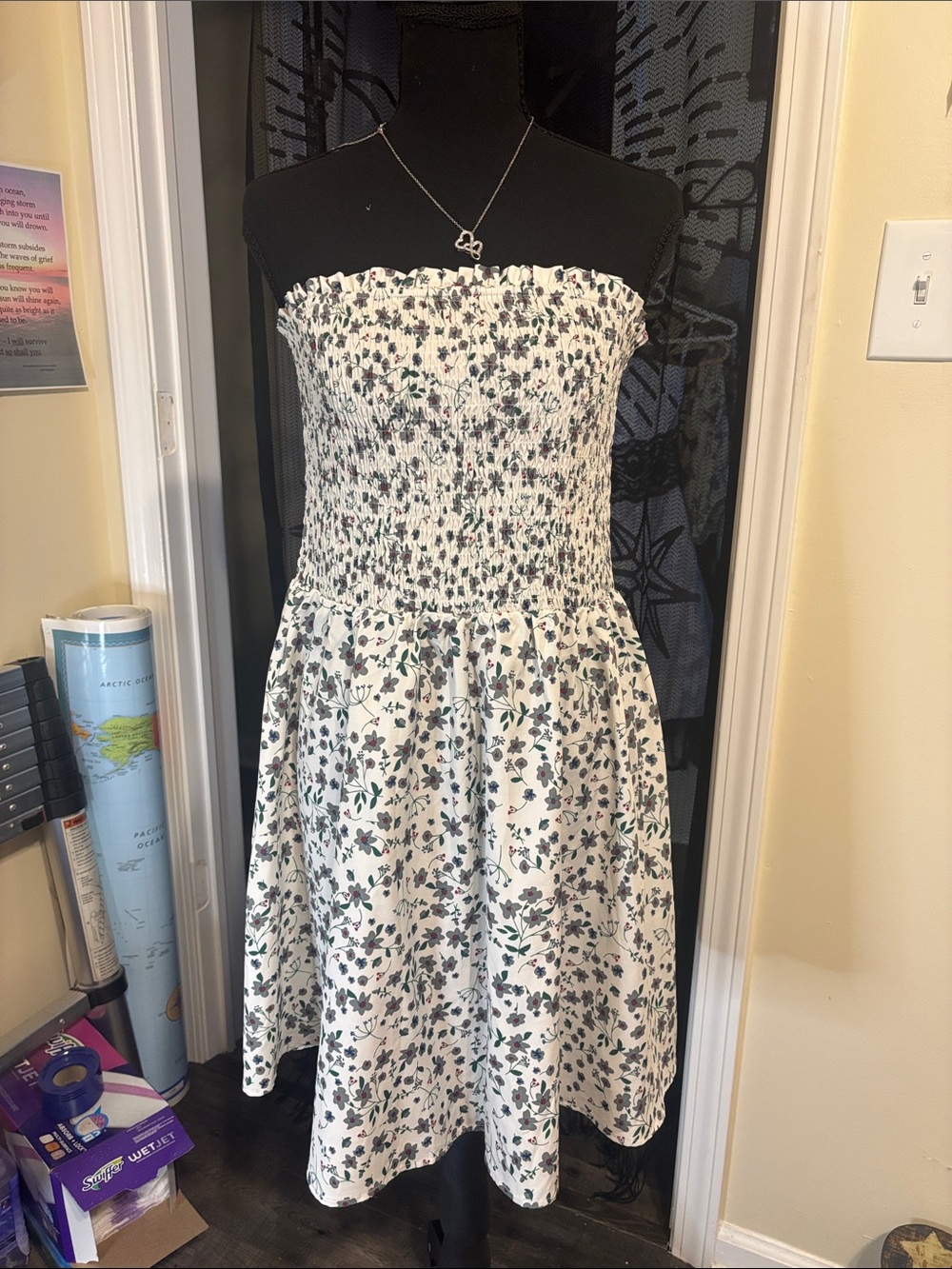 SHEIN White Strapless Smocked Floral Midi Dress with Green and Purple Print
